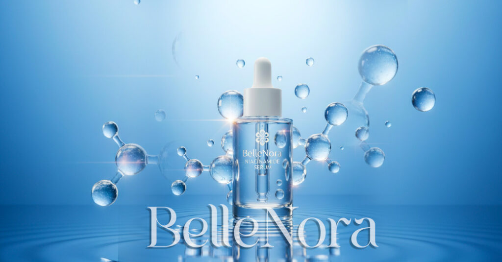 “Luxury skincare composition with niacinamide serum bottle, molecular spheres, and water ripples on soft blue background symbolizing science-based pore care.”