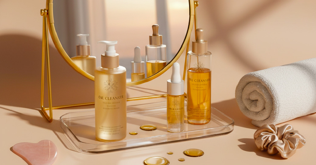 “Unbranded Korean-style oil cleansers on a pastel background with silk fabric and skincare accessories, representing the double cleansing method.”