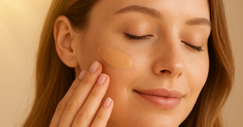 “A woman applying tinted sunscreen under soft sunlight for daily use skincare”