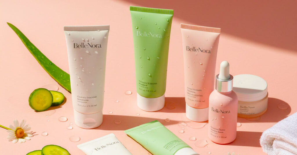 💚 Clean Beauty Face Washes Under $20 (2025) "A flat lay of six affordable clean beauty face washes on a soft blush-pink background, styled with sliced cucumber, aloe leaves, chamomile flowers, and a small hand towel for a spa-like feel. Products have minimalist packaging in white, soft green, and pastel pink. Soft morning sunlight casts gentle shadows, creating a bright, clean.