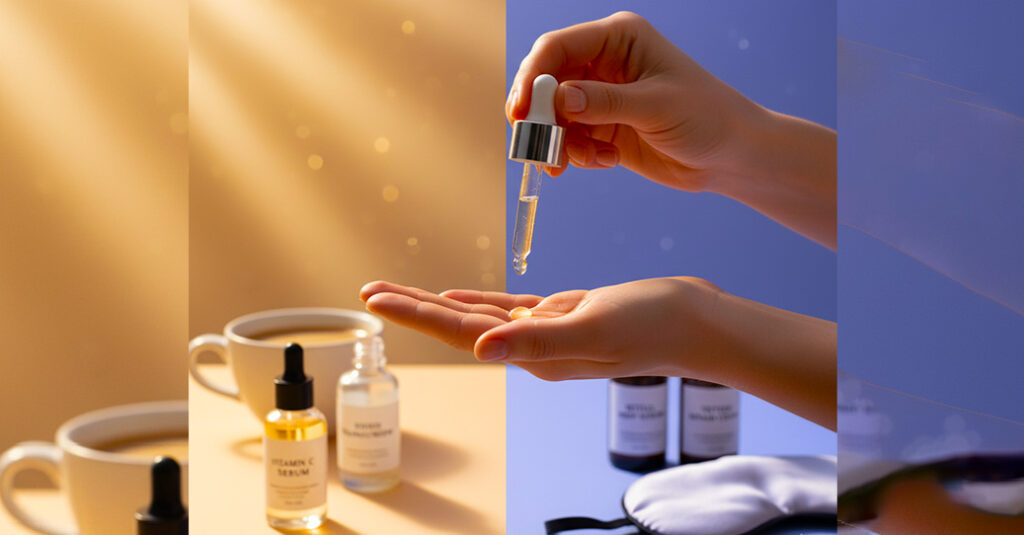 How to Layer Serums Correctly: Morning & Night Guide (2025) “Creative close-up of hands applying serum from a dropper, with a split background showing day and night skincare routines — warm sunlight on one side and soft moonlight on the other, symbolizing how to layer serums morning and night.”
