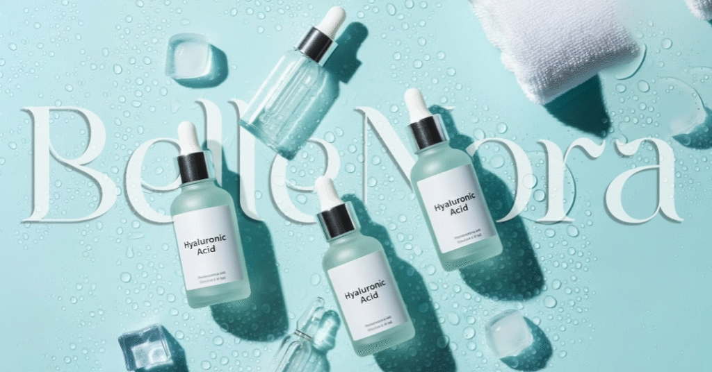 Hyaluronic Acid Serums That Actually Work (2025) “Flat lay of hyaluronic acid serum bottles with water droplets on a light blue background representing deep skin hydration and glow in 2025.”