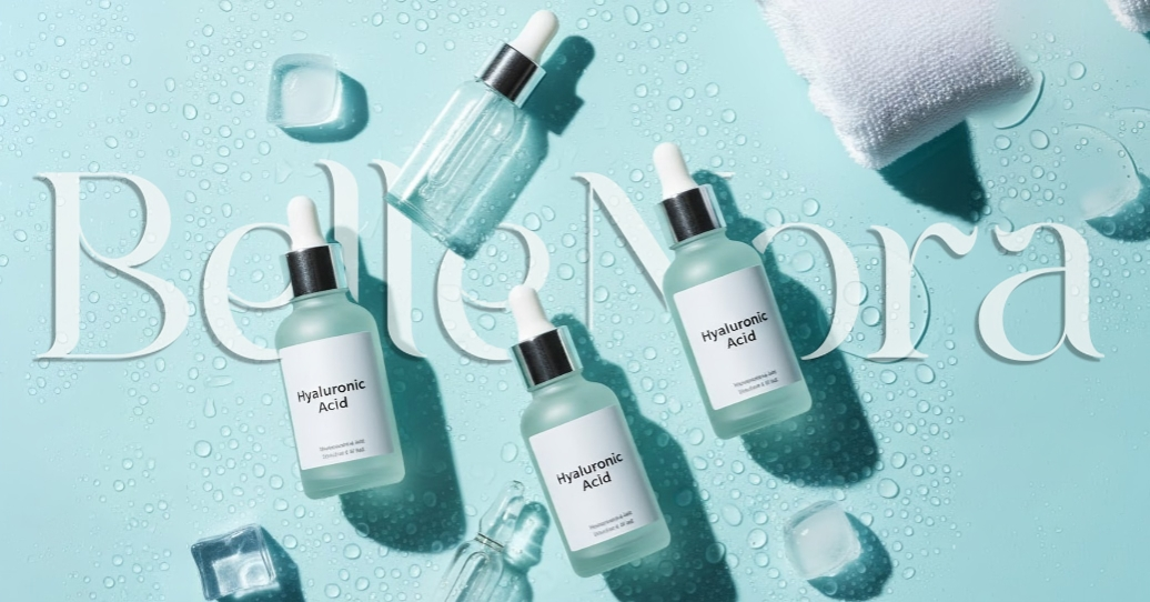 Home “Flat lay of hyaluronic acid serum bottles with water droplets on a light blue background representing deep skin hydration and glow in 2025.”