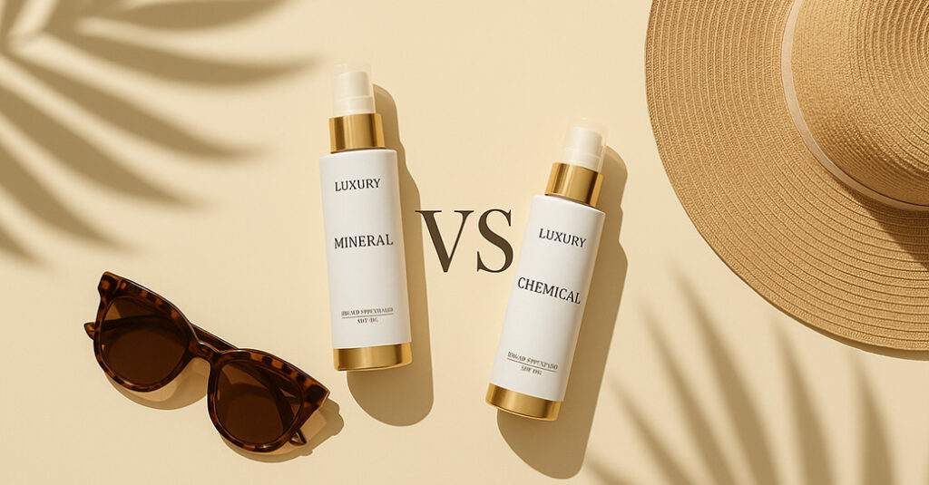 “Flat lay of mineral and chemical sunscreen bottles with summer accessories in soft pastel tones”