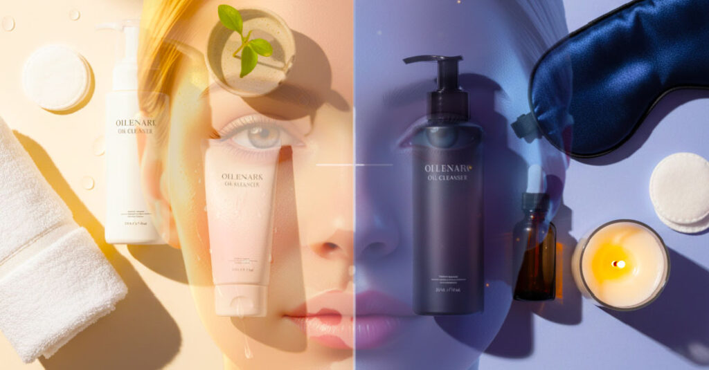 🧴 Morning vs Night Cleansing Routine – What Matters More? Flat lay showing a side-by-side comparison of morning vs night cleansing routines with minimalist skincare products, bright morning light on one side and soft evening glow on the other.