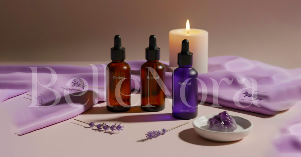 Home “Flat lay of retinol serum bottles on a soft night-themed background representing beginner-friendly anti-aging skincare in 2025.”