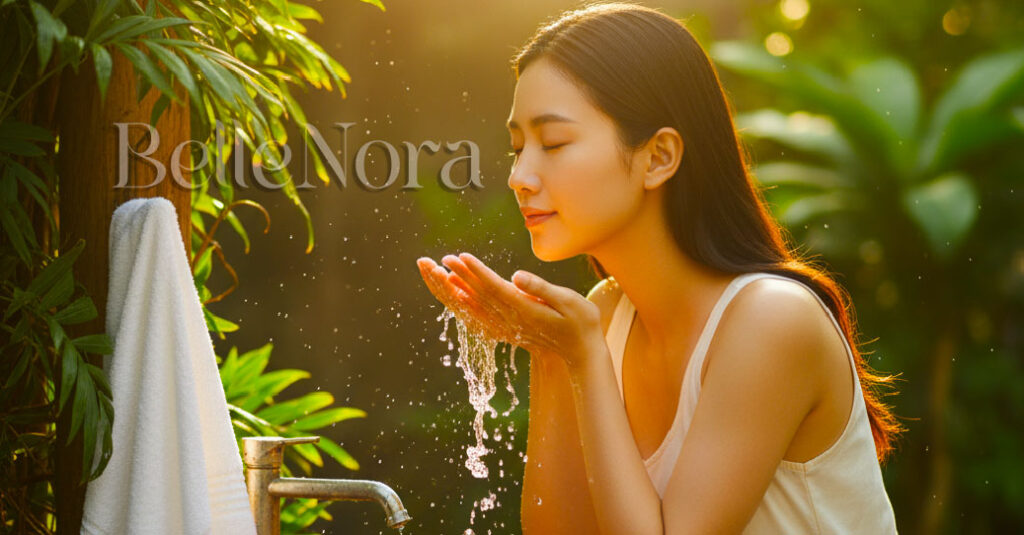 🧴Top Face Washes for Acne-Prone Skin (2025) Woman washing her face outdoors near plants and wooden sink under natural sunlight — clean beauty and eco-friendly skincare aesthetic.