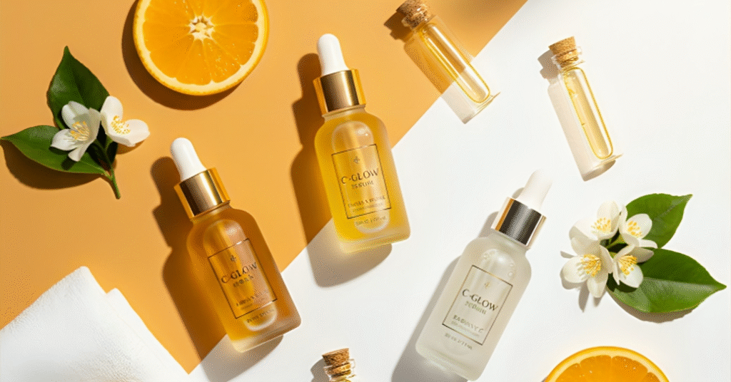 🌟 Top Vitamin C Serums for Brighter Skin (2025) “Flat lay of Vitamin C serums with oranges on a bright background representing skincare and glowing skin in 2025.”