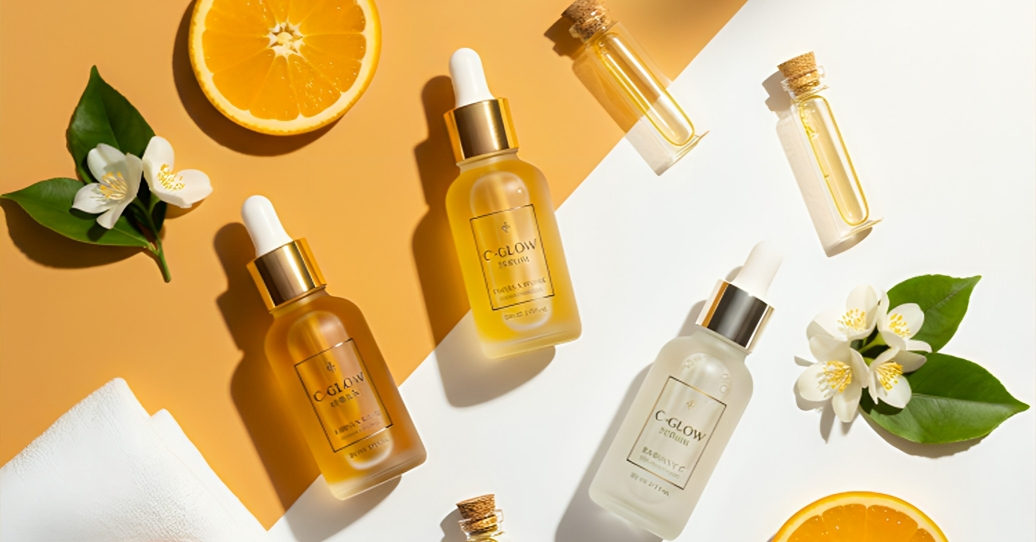 Home “Flat lay of Vitamin C serums with oranges on a bright background representing skincare and glowing skin in 2025.”