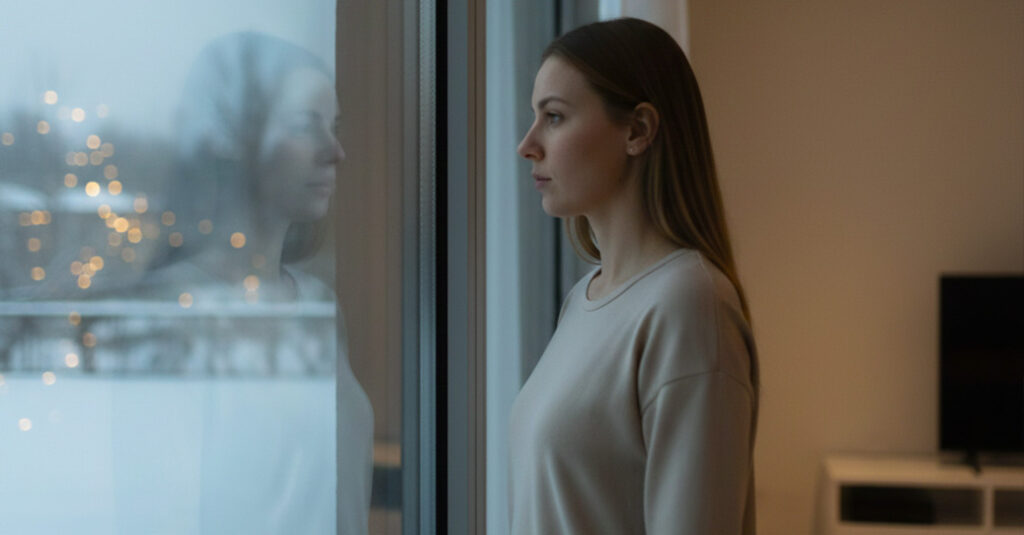 Woman looking out window at winter snow feeling stressed — skin stress and cortisol effects in winter