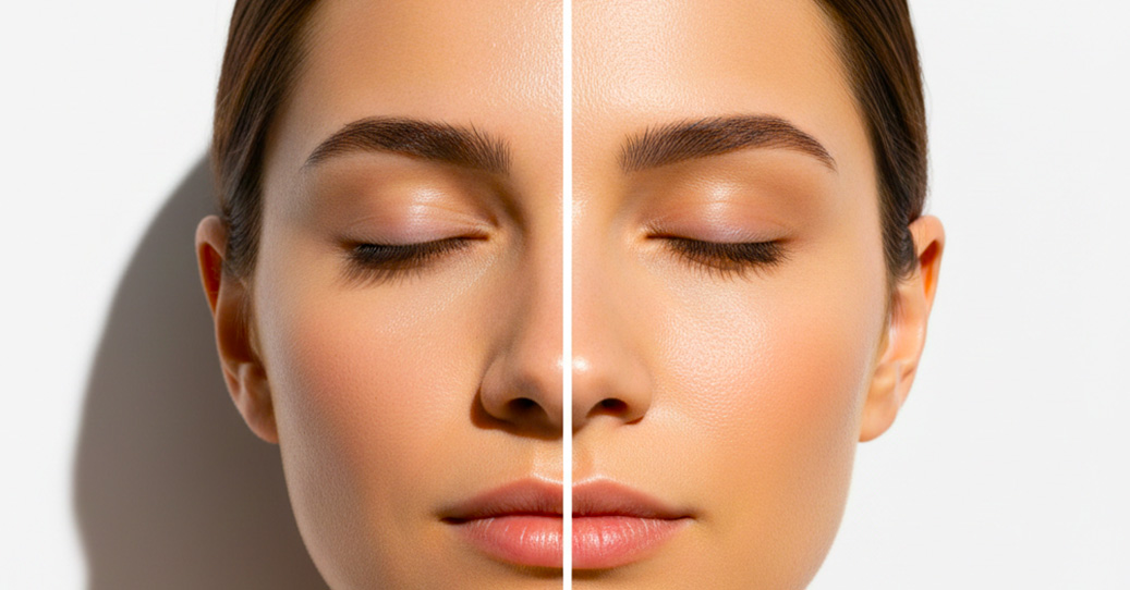 Split-face image showing oily T-zone and dry cheeks on combination skin