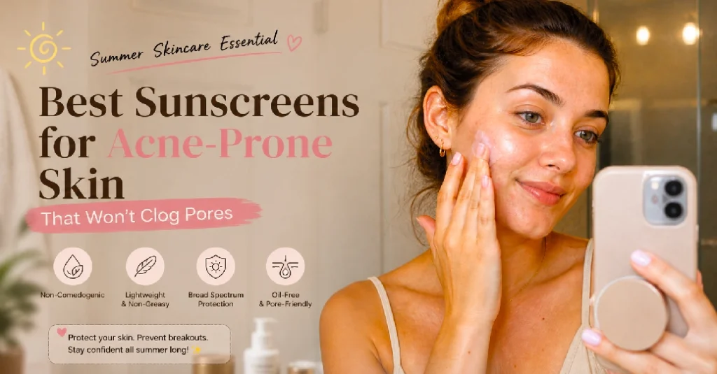 American woman applying non-comedogenic sunscreen on acne-prone skin in bathroom mirror selfie — best sunscreen for acne-prone skin Summer 2026