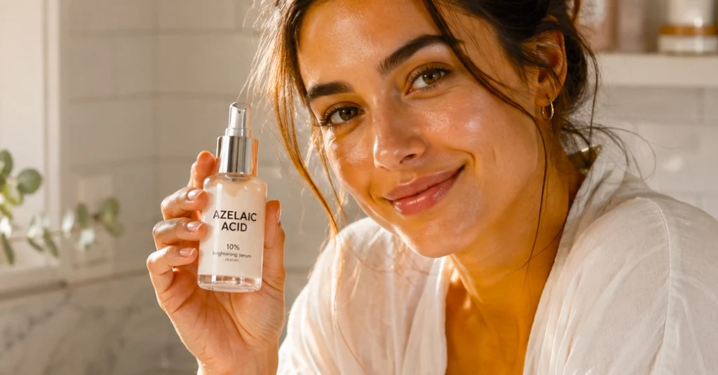 Woman with acne-prone glowing skin applying azelaic acid serum in morning skincare routine